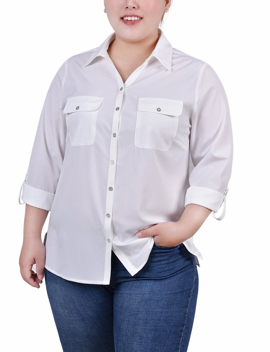  NY Collection 3/4 Roll Tab Blouse With Pockets - Ivory - Bonton