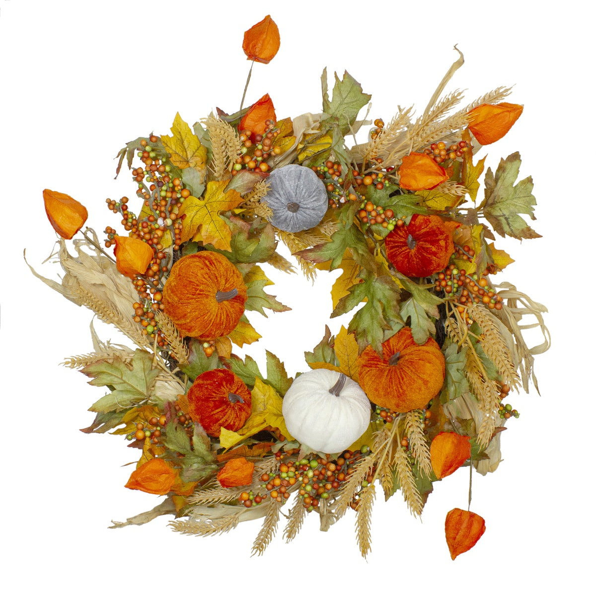  Northlight Velvet Pumpkins and Wheat Artificial Fall Harvest Wreath - 24-Inch  Unlit - Default Title - Bonton