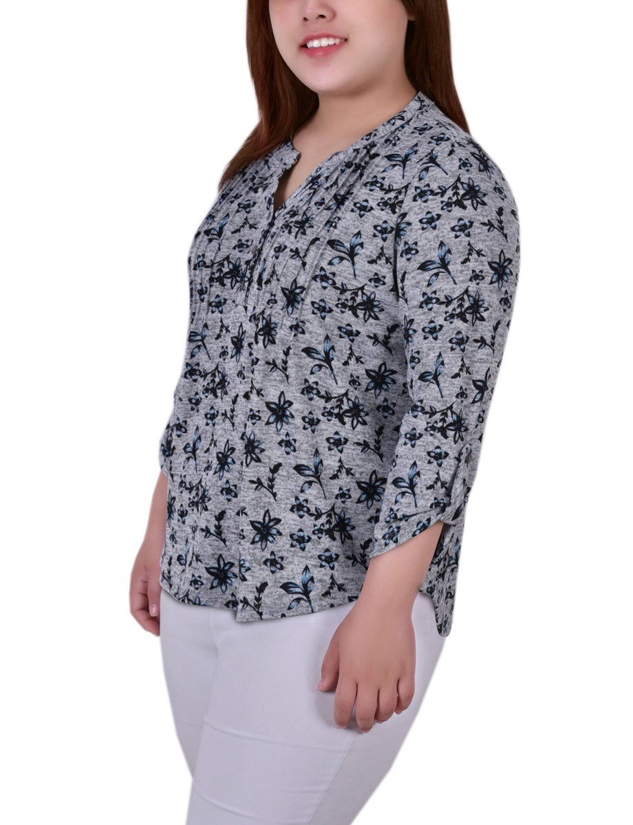  NY Collection Plus Size 3/4 Roll Sleeve Top - Black Grey Animal - Bonton