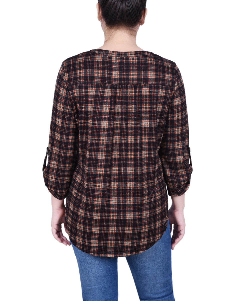  NY Collection Petite 3/4 Roll Sleeve Top - Red Black Abstract - Bonton