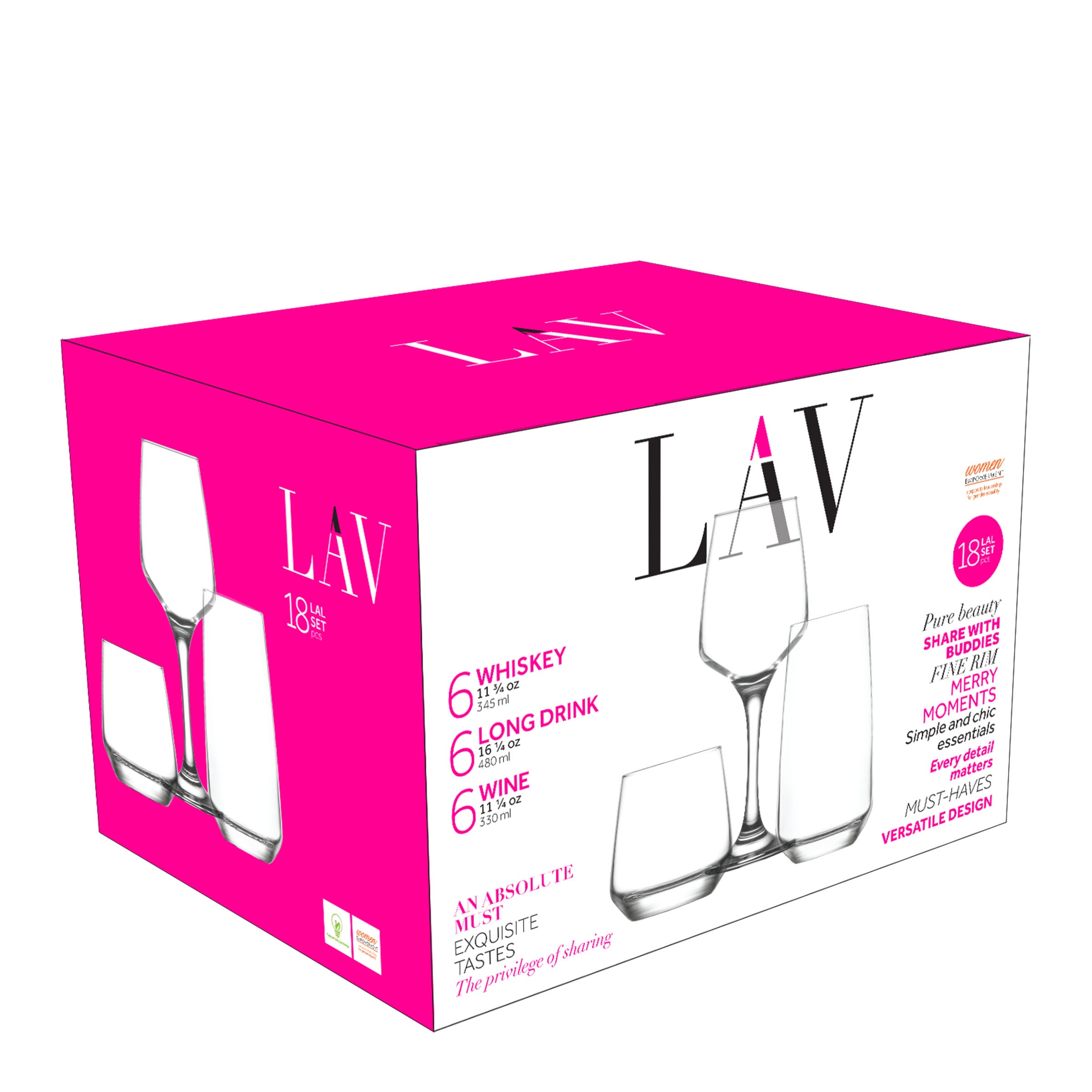  LAV Lal Wine & Whiskey & Drinking Glasses 18-Piece Set - Clear - Bonton