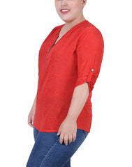 Plus Size 3/4 Roll Tab Zip Front Jacquard Knit Top