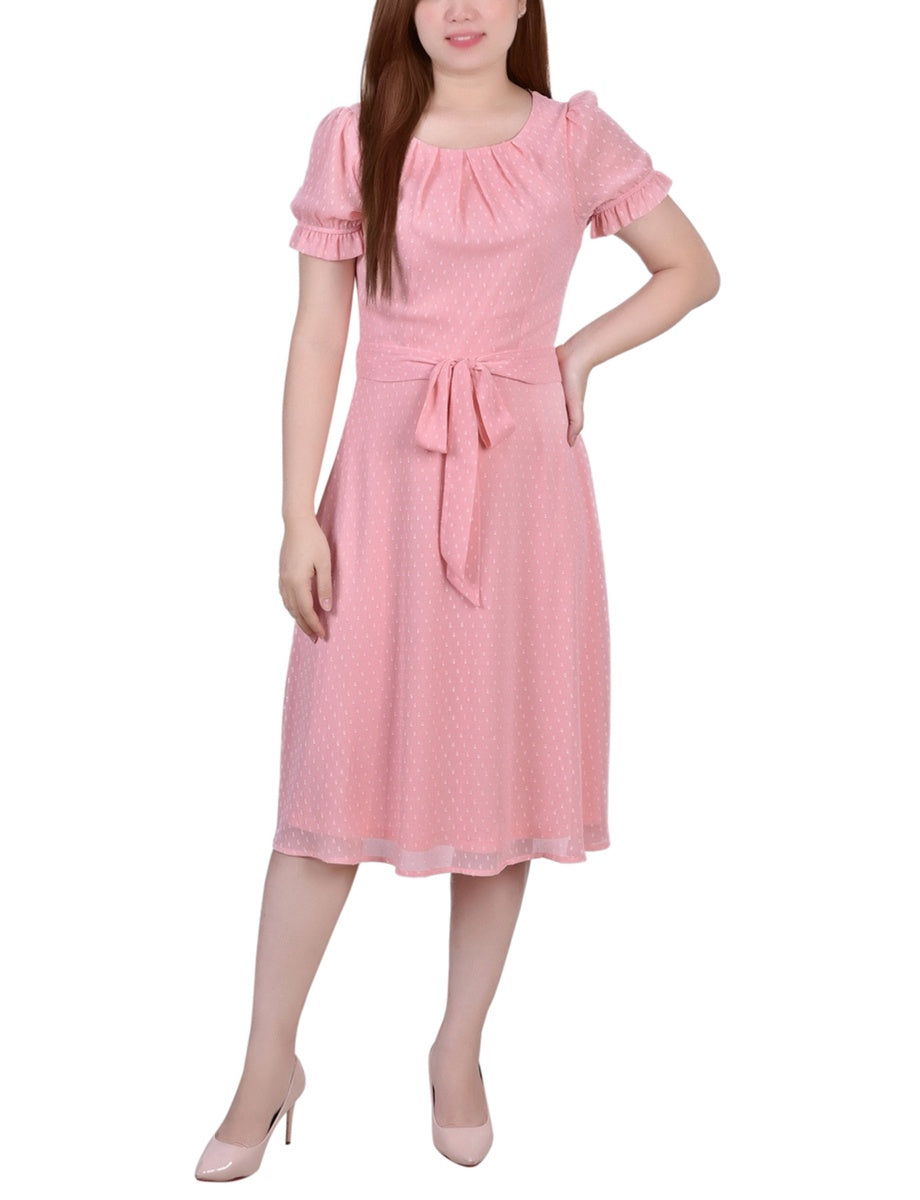  NY Collection Short Sleeve Belted Swiss Dot Dress - Mellow Rose Rectangle - Bonton