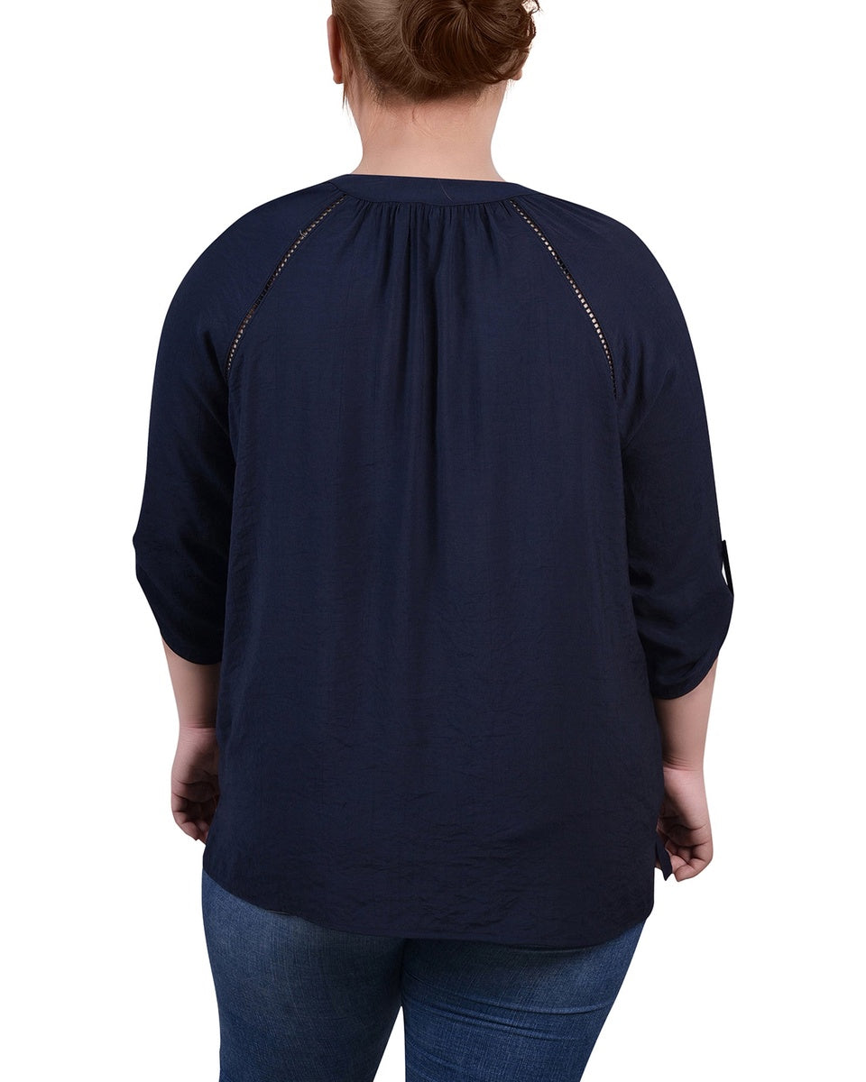  NY Collection Plus Size Raglan Sleeve Split Neck Blouse - Black - Bonton