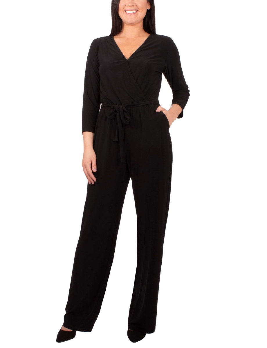  NY Collection Petite 3/4 Sleeve Belted Jumpsuit - Black - Bonton