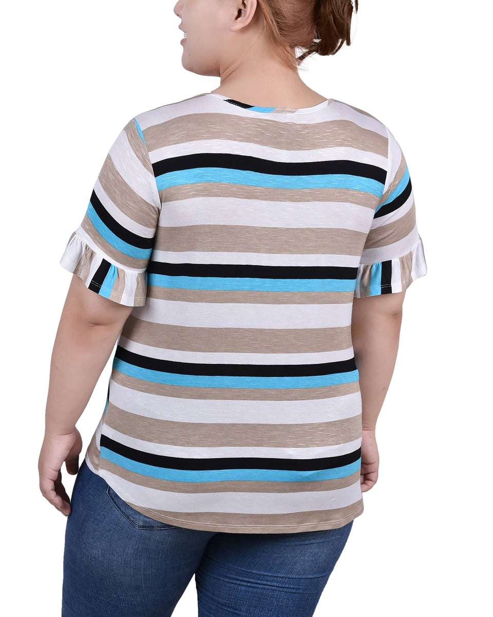  NY Collection Plus Size Short Bell Sleeve Top - Navy Double Stripe - Bonton