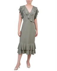 Short Flutter Sleeve Ruffle Neck Dress