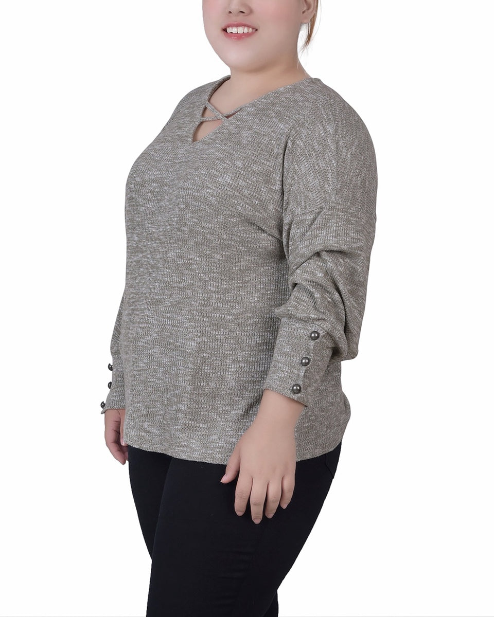  NY Collection Plus Size Long Sleeve Criss Cross Neck Pullover Top - Light Olive - Bonton