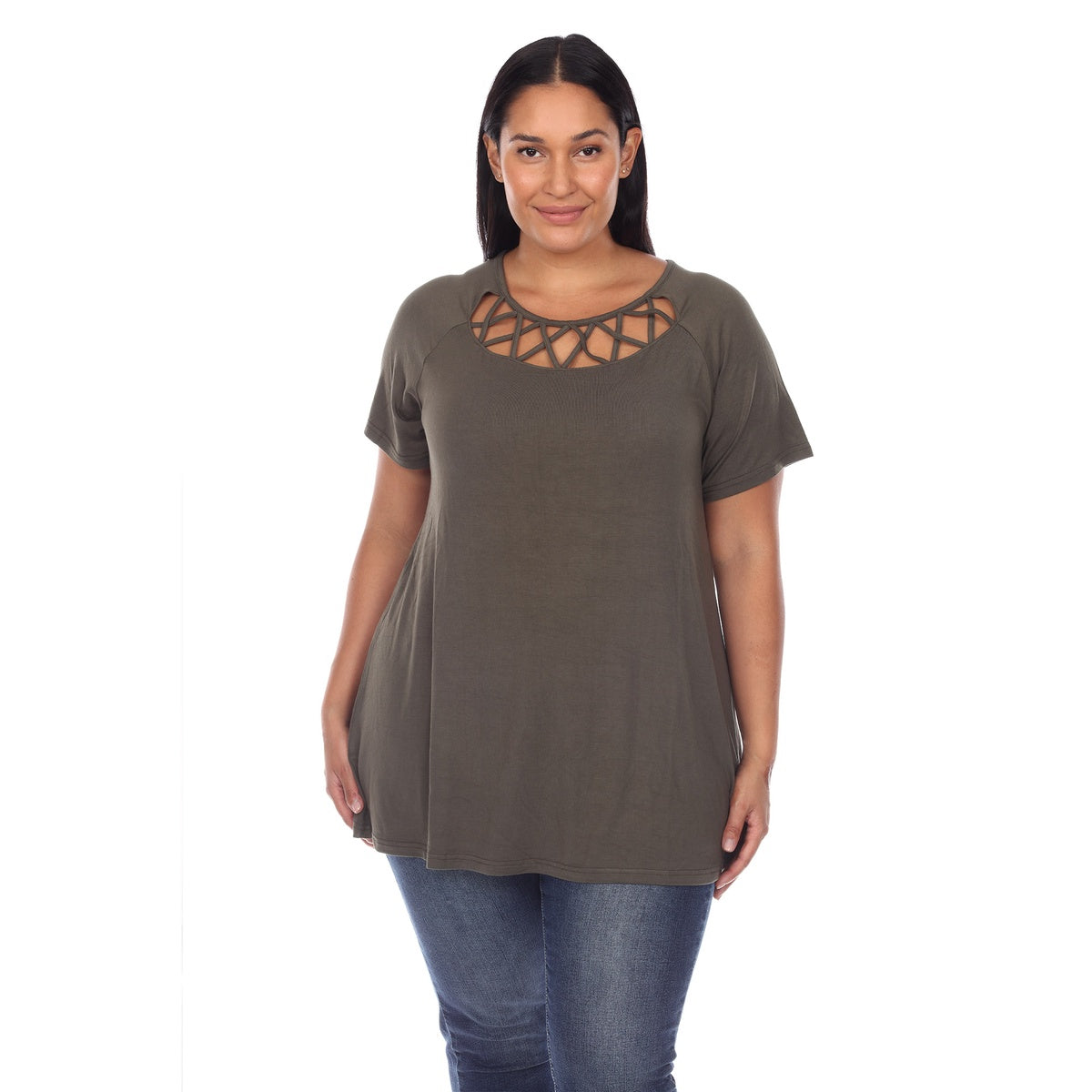  White Mark Plus Size Crisscross Cutout Short Sleeve Top - 1X - Bonton