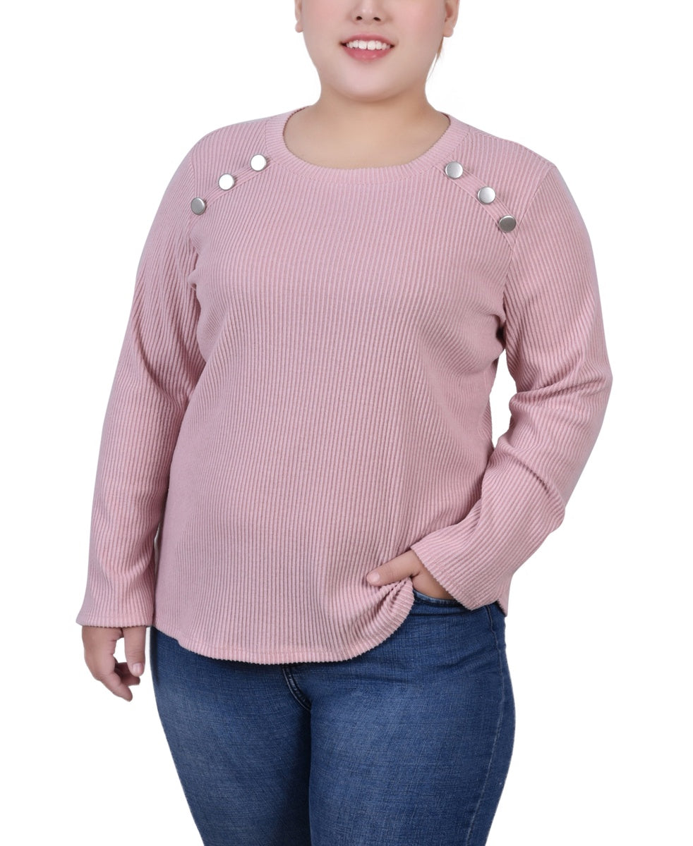  NY Collection Plus Size Long Sleeve Ribbed Button Detail Top - Ivory - Bonton