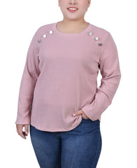 Plus Size Long Sleeve Ribbed Button Detail Top