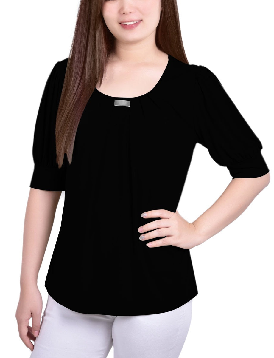  NY Collection Short Sleeve Balloon Sleeve Top With Hardware - Black - Bonton