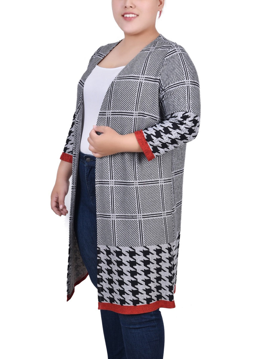  NY Collection Plus Size 3/4 Sleeve Knit Cardigan - Black White Plaid - Bonton