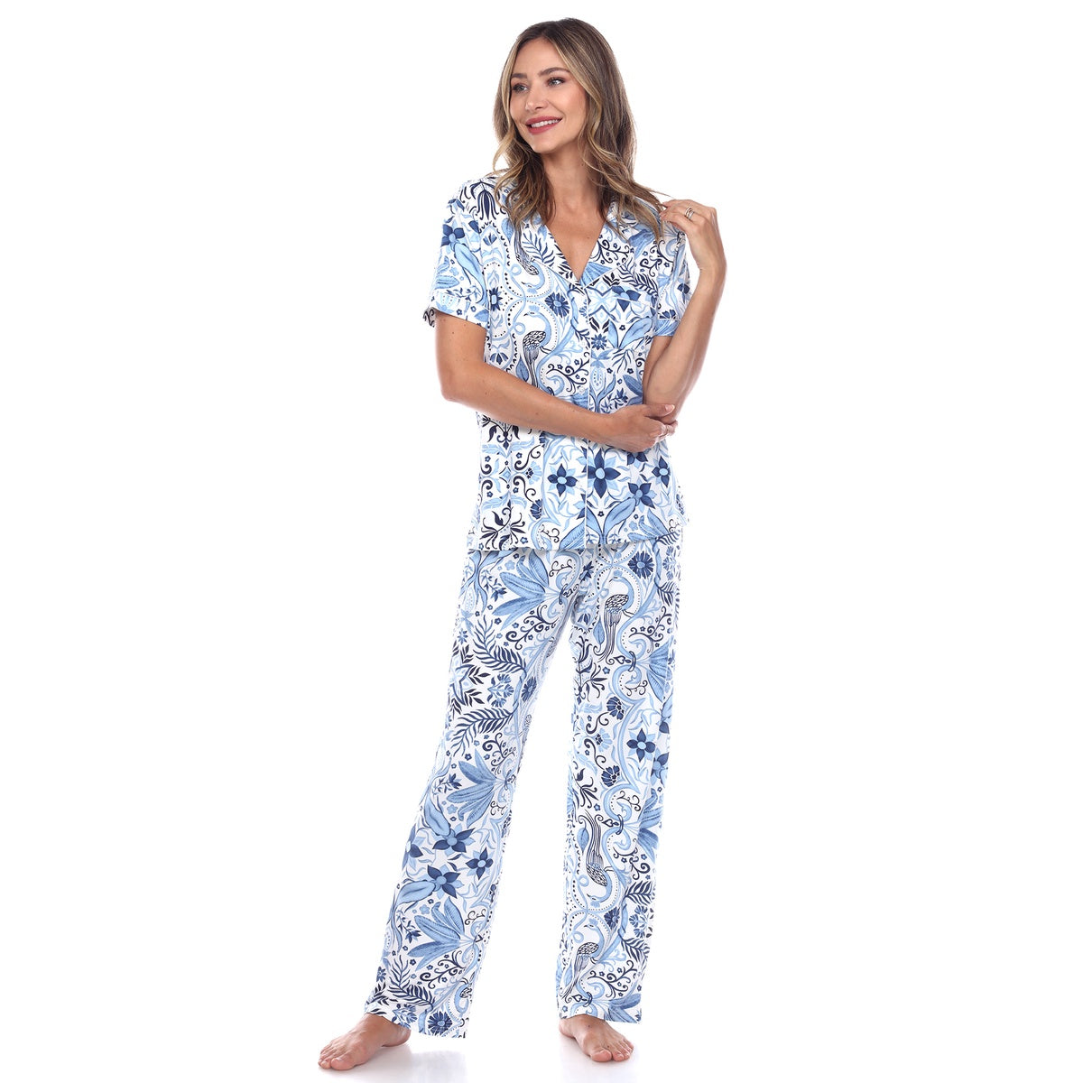  White Mark Women's Short Sleeve & Pants Tropical Pajama Set - L - Bonton