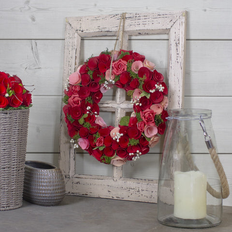 12" Red and Pink Wooden Rose With White Berries Artificial Wreath -Unlit