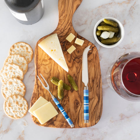 Jubilee Cheese Knife, Fork, and Olive Wood Board Set - Shades of Denim