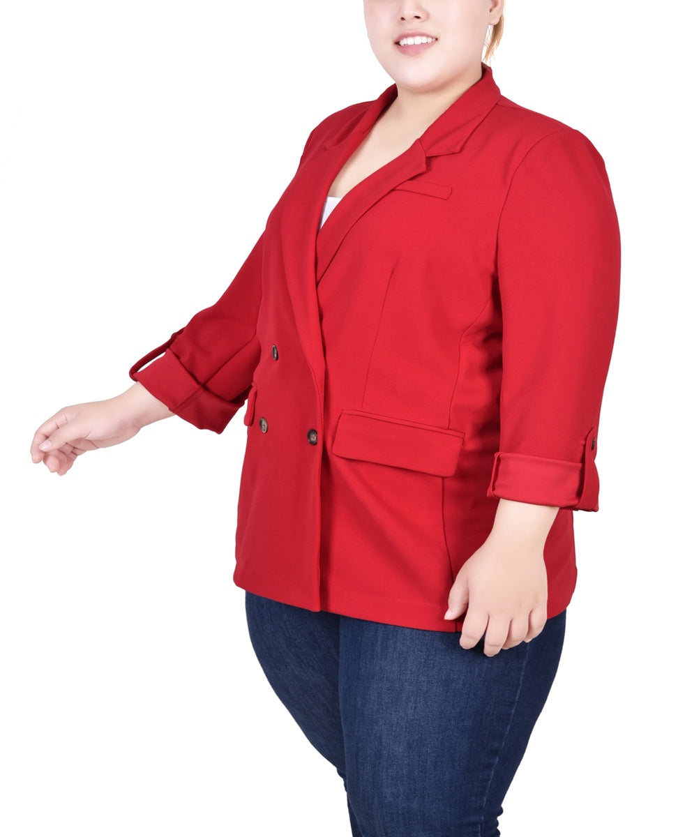  NY Collection Plus Size Long Sleeve Double Breasted Crepe Jacket - Jester Red - Bonton