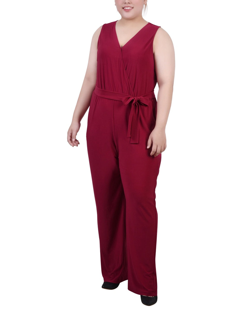  NY Collection Plus Size Sleeveless Belted Jumpsuit - Beet Red - Bonton