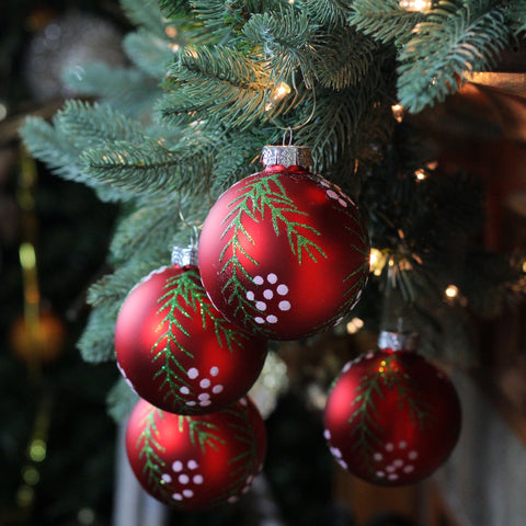 4ct Matte Red With Pine Needles Glass Christmas Ball Ornaments 3.25" (80mm)