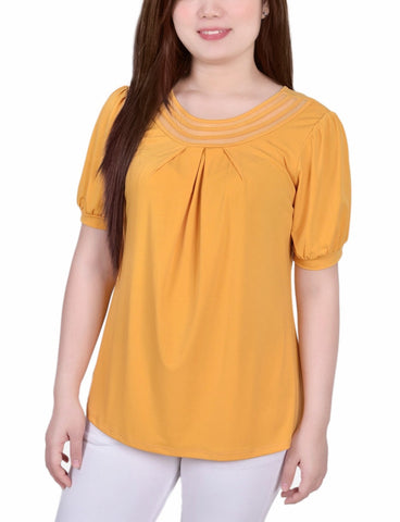 Petite Short Puff Sleeve Sheer Inset Top