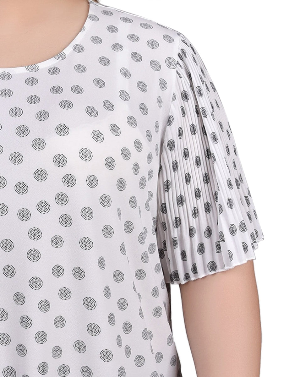  NY Collection Plus Size Pleated-Sleeve Top - White Black Dotcircles - Bonton