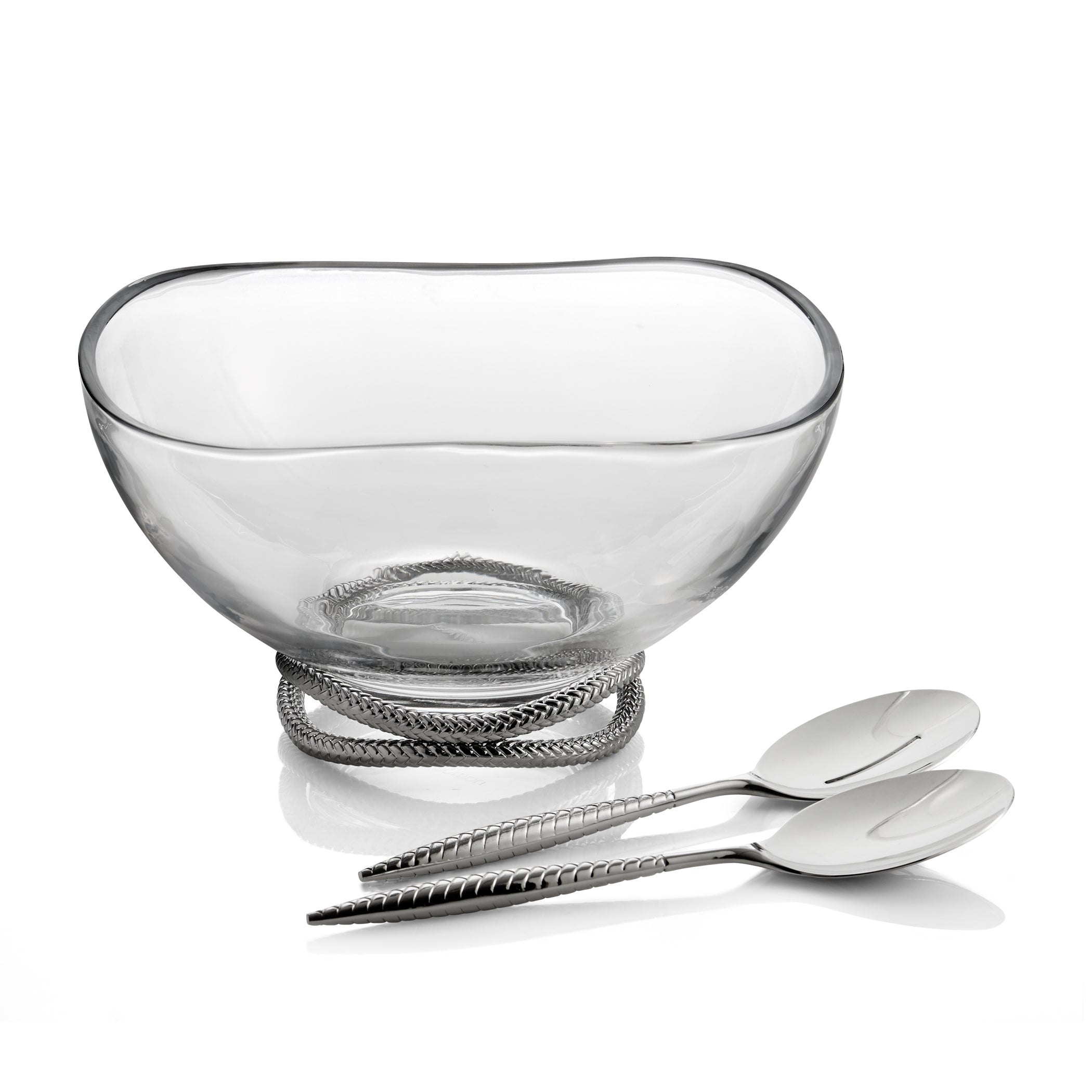  Nambe Braid Glass Salad Bowl with Servers - Clear - Bonton