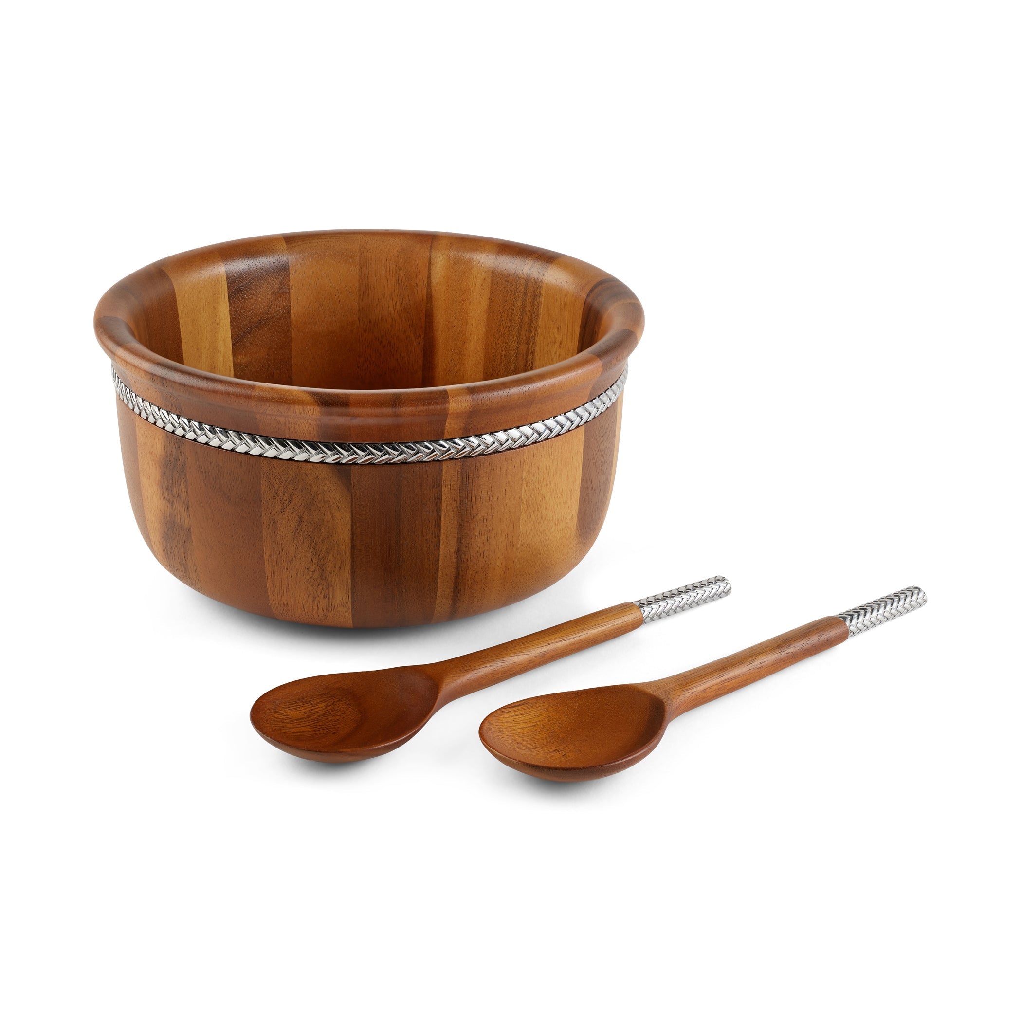  Nambe Braid Round Salad Bowl with Servers - Brown Wood - Bonton