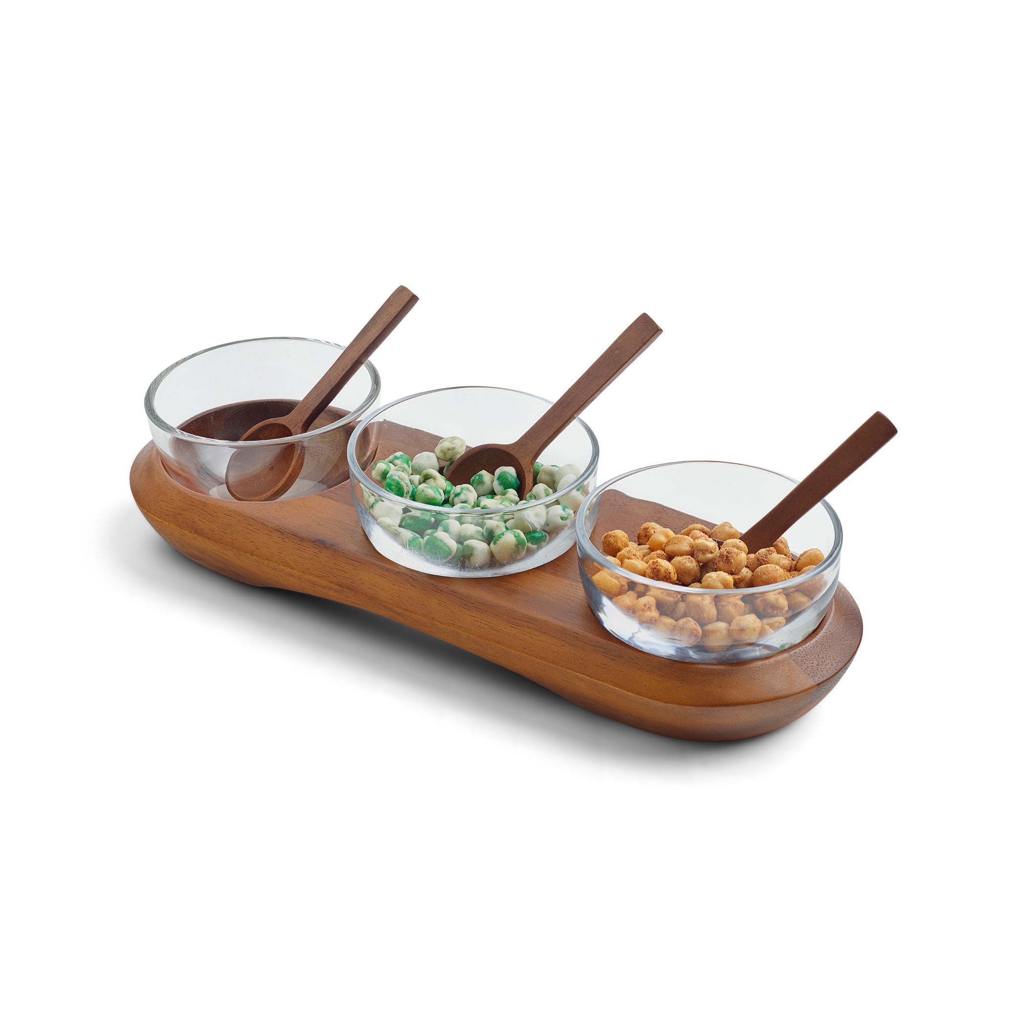  Nambe Cooper Triple Condiment Server with Spoons - Clear/ Brown Wood - Bonton