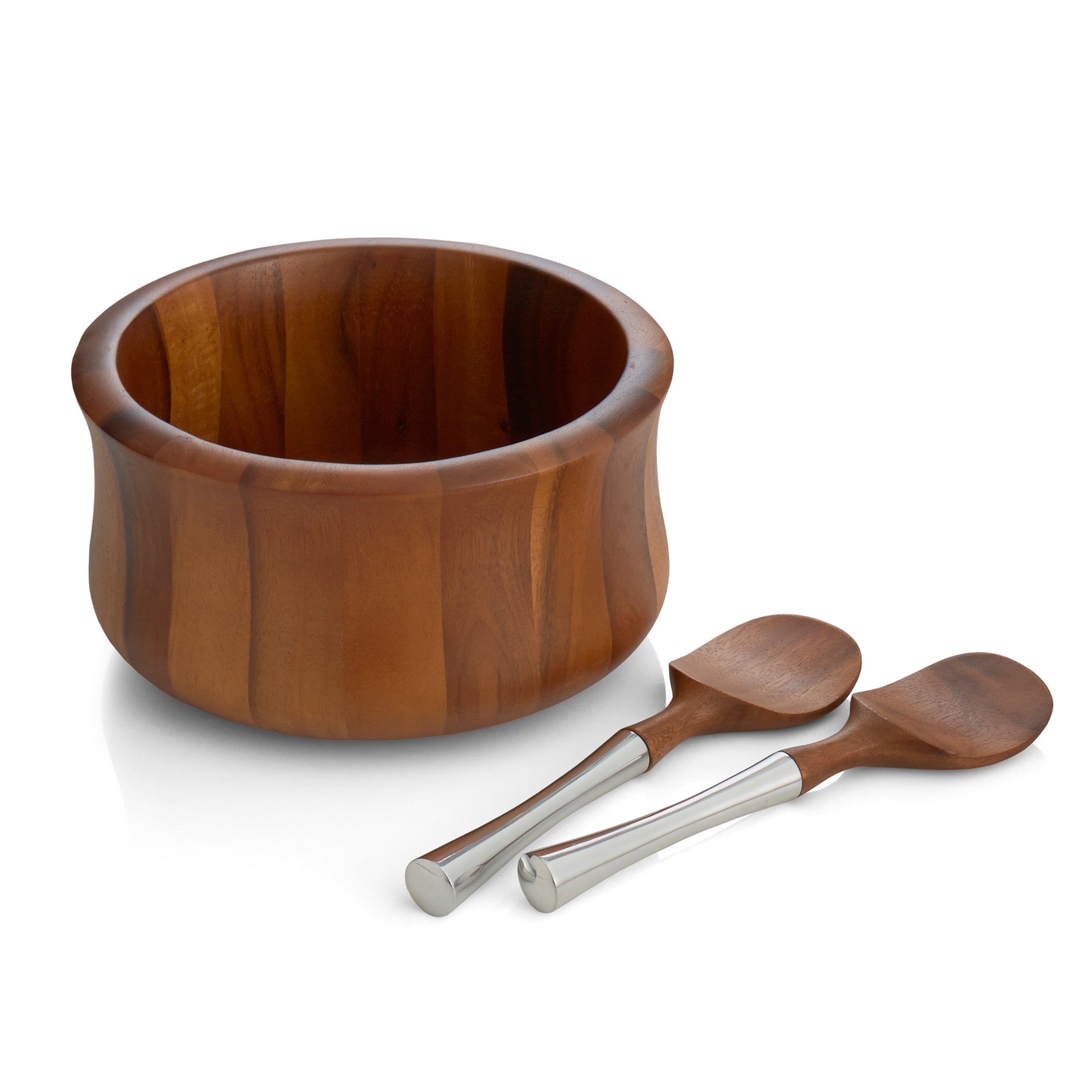  Nambe Nara Salad Bowl with Servers - Brown Wood - Bonton