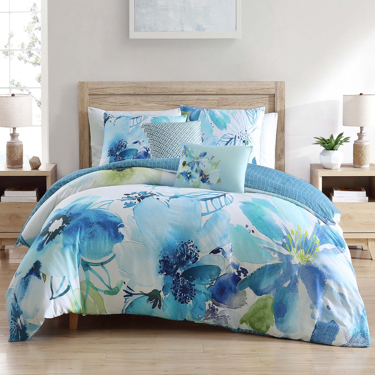  Bebejan Watercolor Blue 100% Cotton 5-Piece Reversible Comforter Set - QUEEN - Bonton