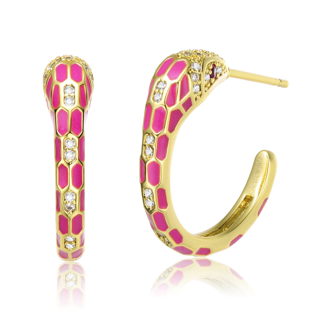  Rachel Glauber RG 14k Yellow Gold Plated With Cubic Zirconia Pink Enamel Python Snake C-Hoop Earrings - Hot Pink - Bonton