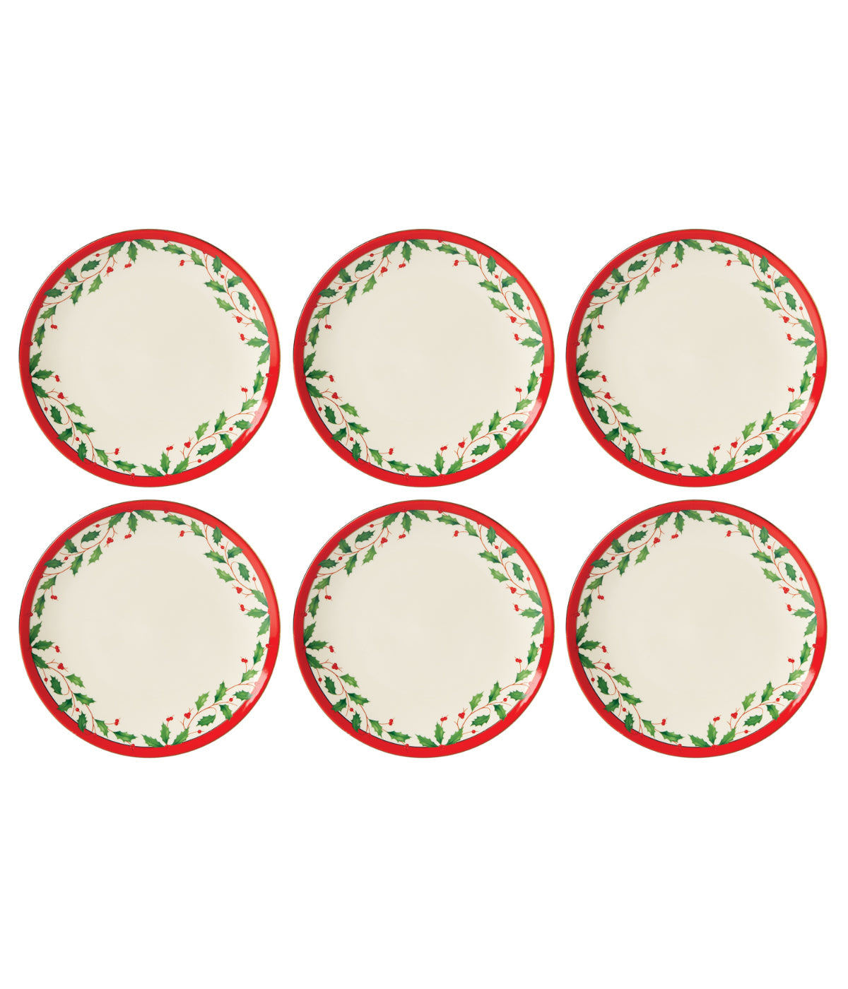  Lenox Holiday Accent Plate S/6 (Red & Gold Border) - Ivory - Bonton