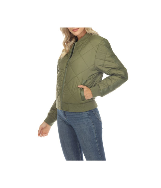 Women's Lightweight Diamond Quilted Puffer Bomber Jacket Olive