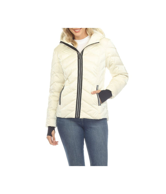 Women's Midweight Quilted Contrast With Thumbholes Hooded Jacket White