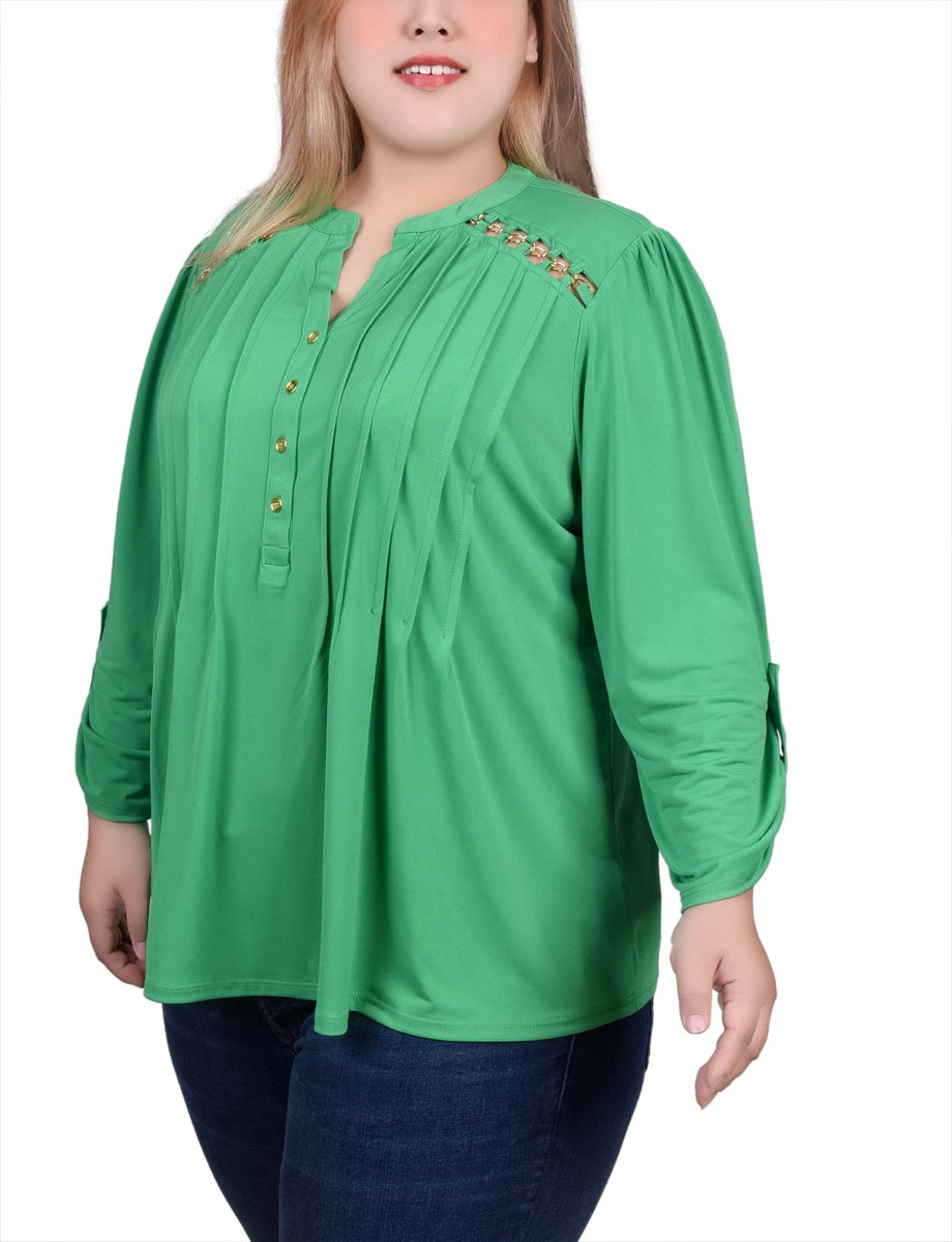  NY Collection Plus Size Long Sleeve Pintuck Front Top With Chain Details - Animal Lilas Dot - Bonton