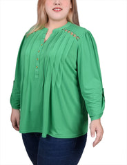 Plus Size Long Sleeve Pintuck Front Top With Chain Details