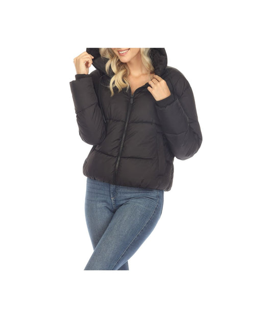 Women's Full Front Zip Hooded Bomber Puffer Jacket Black