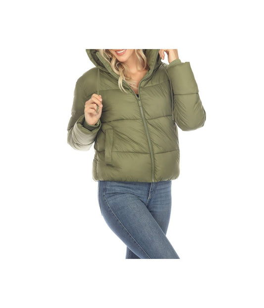 Women's Full Front Zip Hooded Bomber Puffer Jacket Olive