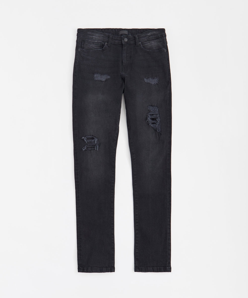  Reason Clothing Skinny Rip and Repaired Denim Pants - Black - BLACK - Bonton