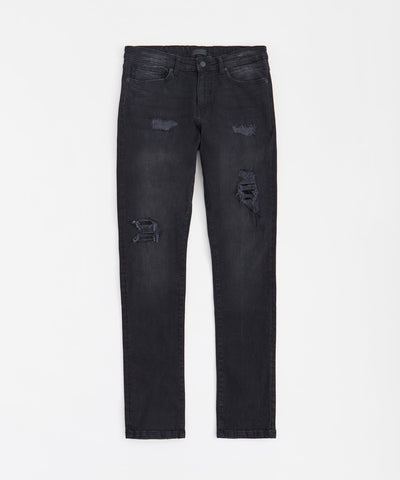 Skinny Rip and Repaired Denim Pants - Black