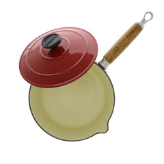 Red French Enameled Cast Iron Saucepan With Lid and Wooden Handle (CI_3483), 2.5-Quart