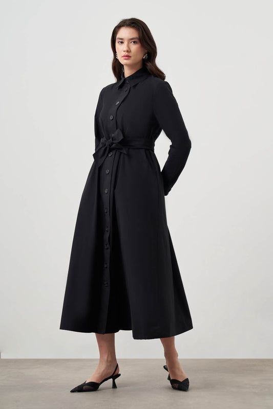 Mizalle-Button Up Belted Black Dress