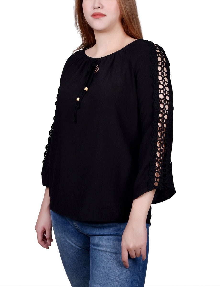  NY Collection 3/4 Sleeve Crochet Detail Blouse - Blue - Bonton