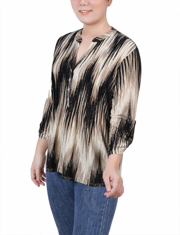 3/4 Roll Tab Sleeve Y Neck Top