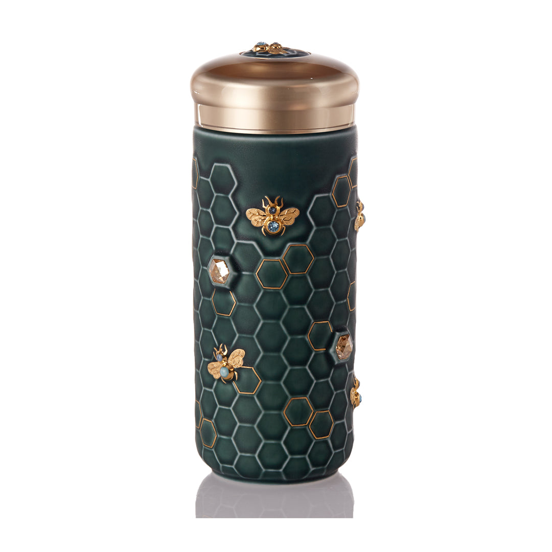  Acera Honey Bee Travel Mug With Crystals - Matte Blue and Hand Painted Gold Bees with Crystals - Bonton