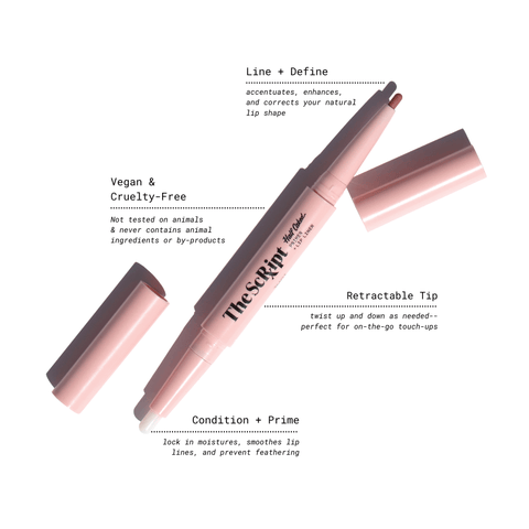Close-up of The Script Primer + Lip Liner, showcasing its sleek design with black text on a pink tube.