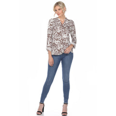 Women's Pleated Long Sleeve Floral Print Blouse