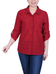 Petite 3/4 Sleeve Woven Jacquard Blouse