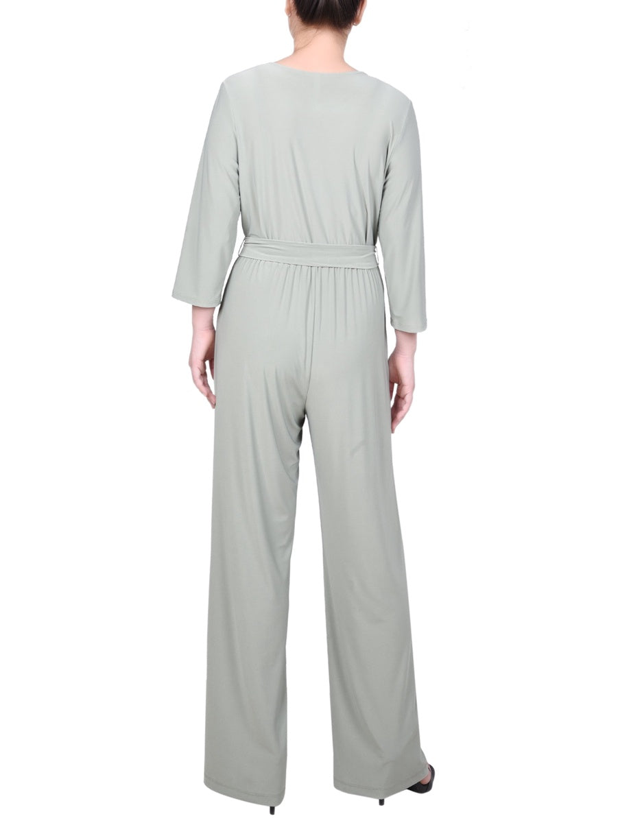  NY Collection Petite 3/4 Sleeve Belted Jumpsuit - Black - Bonton