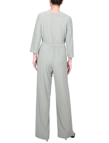 Petite 3/4 Sleeve Belted Jumpsuit